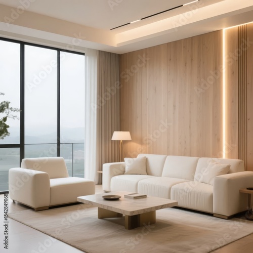 Modern Living Room with White Sofa, Wooden Wall, and Large Windows Overlooking the Sea