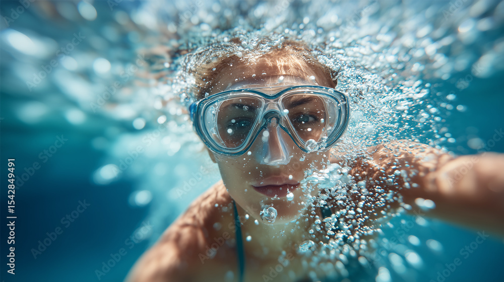 Naklejka premium Woman snorkeling underwater in crystal-clear blue water, surrounded by bubbles. Capturing the joy of summer vacation, travel, and aquatic adventures.