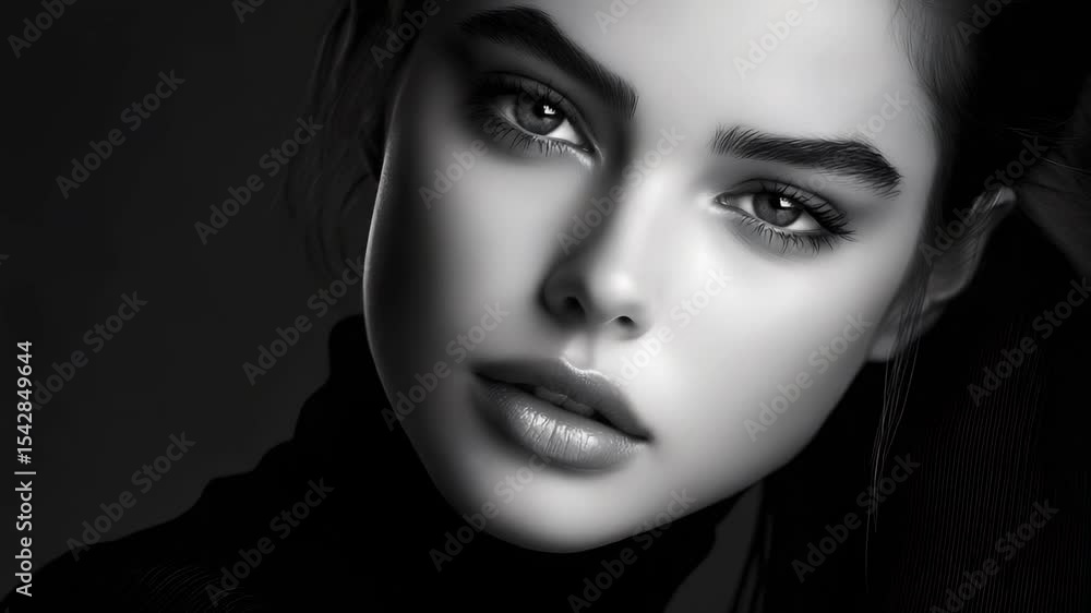 A close-up of a serene young woman's face, highlighting her features in a black-and-white style with soft lighting. A close-up of a serene young woman's face, highlighting her features in a black-and-white style with soft lighting.