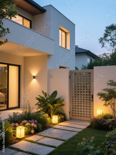 Modern House Exterior with Illuminated Pathway and Landscaping