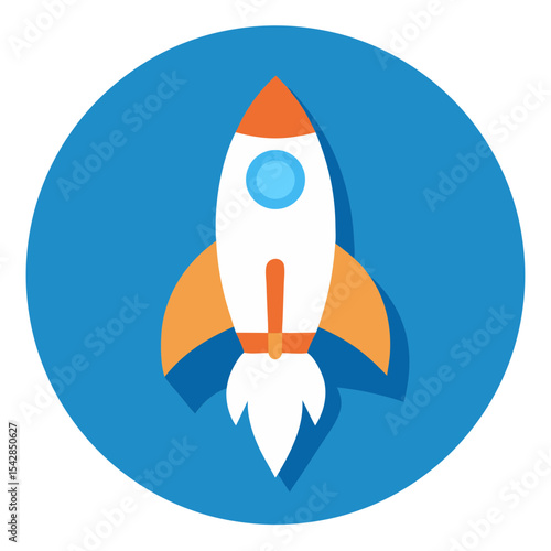 Simple rocket ship icon on blue circle background