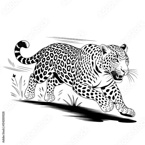 A vector-style line drawing of a leopard sprinting at high speed coloring page line art