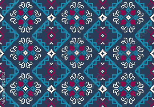 Cross stitch pattern concept showcasing traditional ethnic geometric pattern, Design for textile, background,carpet,wallpaper,clothing,wrapping,Batik,fabric,Vector illustration	
