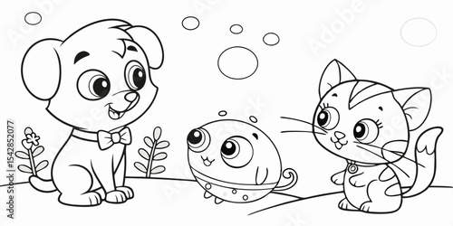 Cute cartoon pet animals dog with bone and cat illustration
