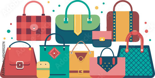 A vibrant collection of trendy handbags and chic fashion accessories, showcasing diverse styles, colors, and sizes to match every personality.