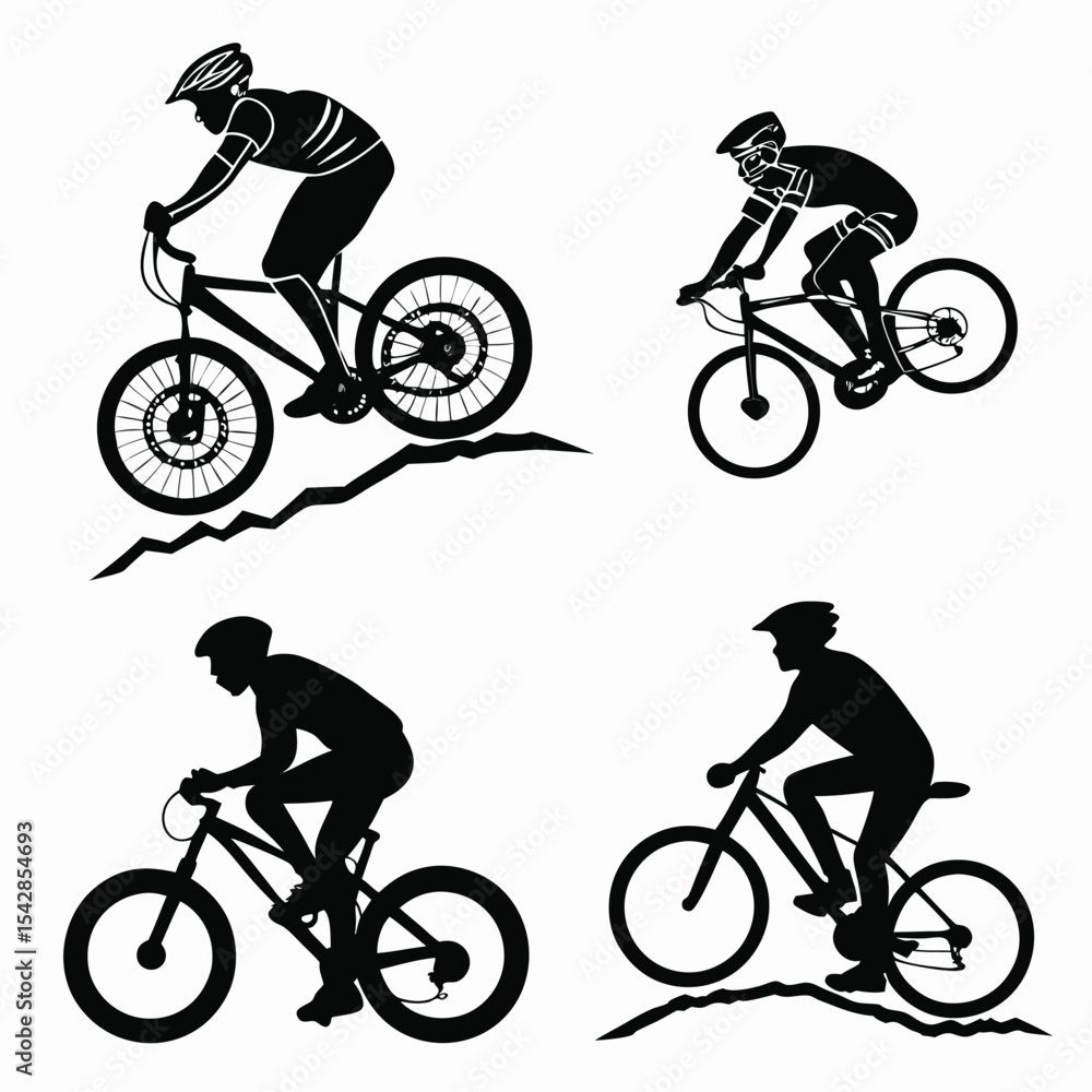 Obraz premium Silhouette illustrations of mountain bikers in action cycling through various challenging terrains