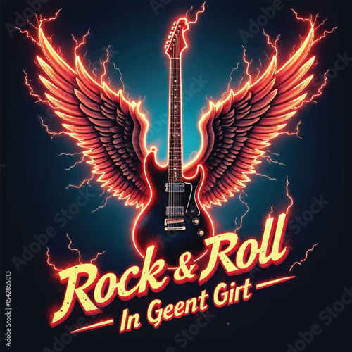 Rock and Roll vector illustration with winged electric guitar Fiery music design with lightning for concert poster or t-shirt print