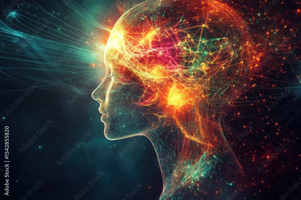 Digital abstract background for technological operations neural networks AI data transmission. A woman's face is shown in a colorful, abstract style. Digital abstract background for technological operations neural networks AI data transmission. A woman's face is shown in a colorful, abstract style.