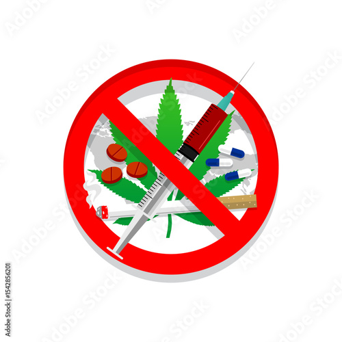 Vector illustration of a drug prohibition symbol for International Day Against Drug Abuse and Illicit Trafficking. No text included.