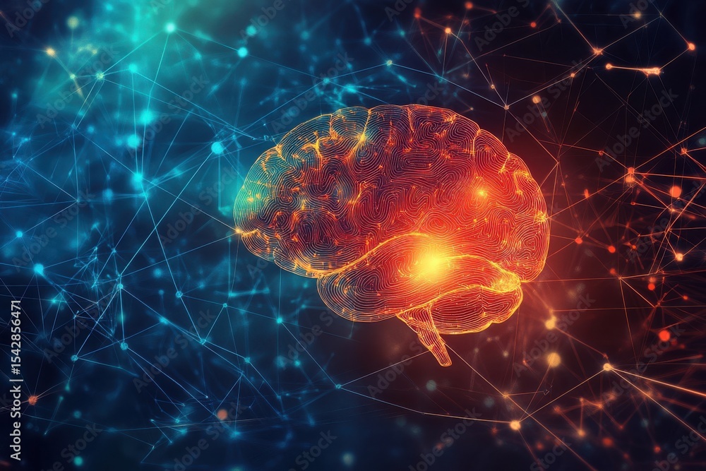 Digital background for tech AI data audio graphics. A brain is shown in a colorful, abstract style with a red and blue background. The brain is surrounded by a web of lines and dots. Digital background for tech AI data audio graphics. A brain is shown in a colorful, abstract style with a red and blue background. The brain is surrounded by a web of lines and dots.