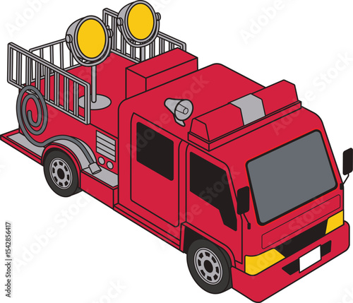 Isometric Illustration of a Red Fire Truck with Lighting Equipment