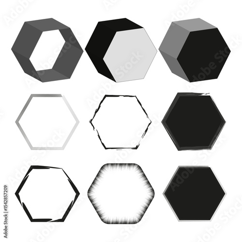 Hexagon shape icon. Black and white vector. Geometric form figure. Minimal contrast symbol.