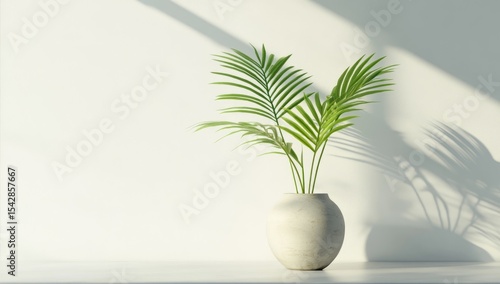 Light, minimalist, potted palm plant on a white surface. Sunlight casts shadows