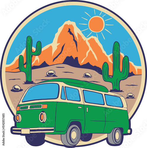 Retro camper van in a desert landscape illustration
