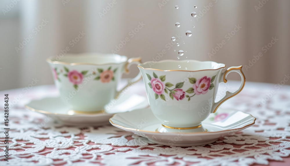 Elegant teacups with floral designs are catching droplets of water, creating serene atmosphere perfect for bridal shower Elegant teacups with floral designs are catching droplets of water, creating serene atmosphere perfect for bridal shower