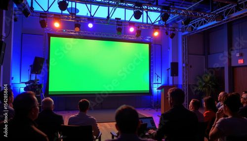 Vibrant green screen setup with motivated lighting, ideal for presentations and events, creates engaging atmosphere for audience