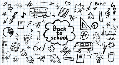 Charcoal school doodles on notebook sheet in a cage. Fun handdrawn icons for back to school themes. Cute childish education black pastel or wax pencil signs. Grunge vector classroom symbols