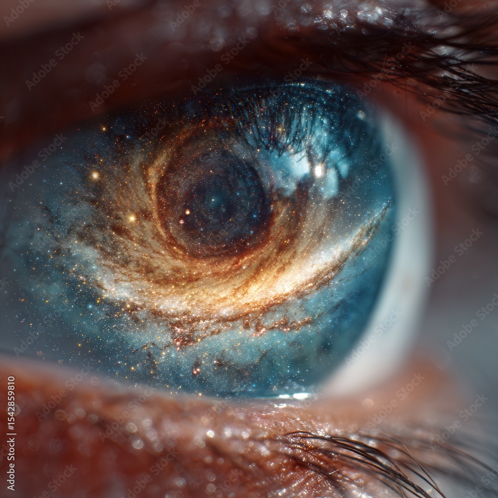 Fototapeta premium Eye reflecting spiral galaxy, exploring the universe within