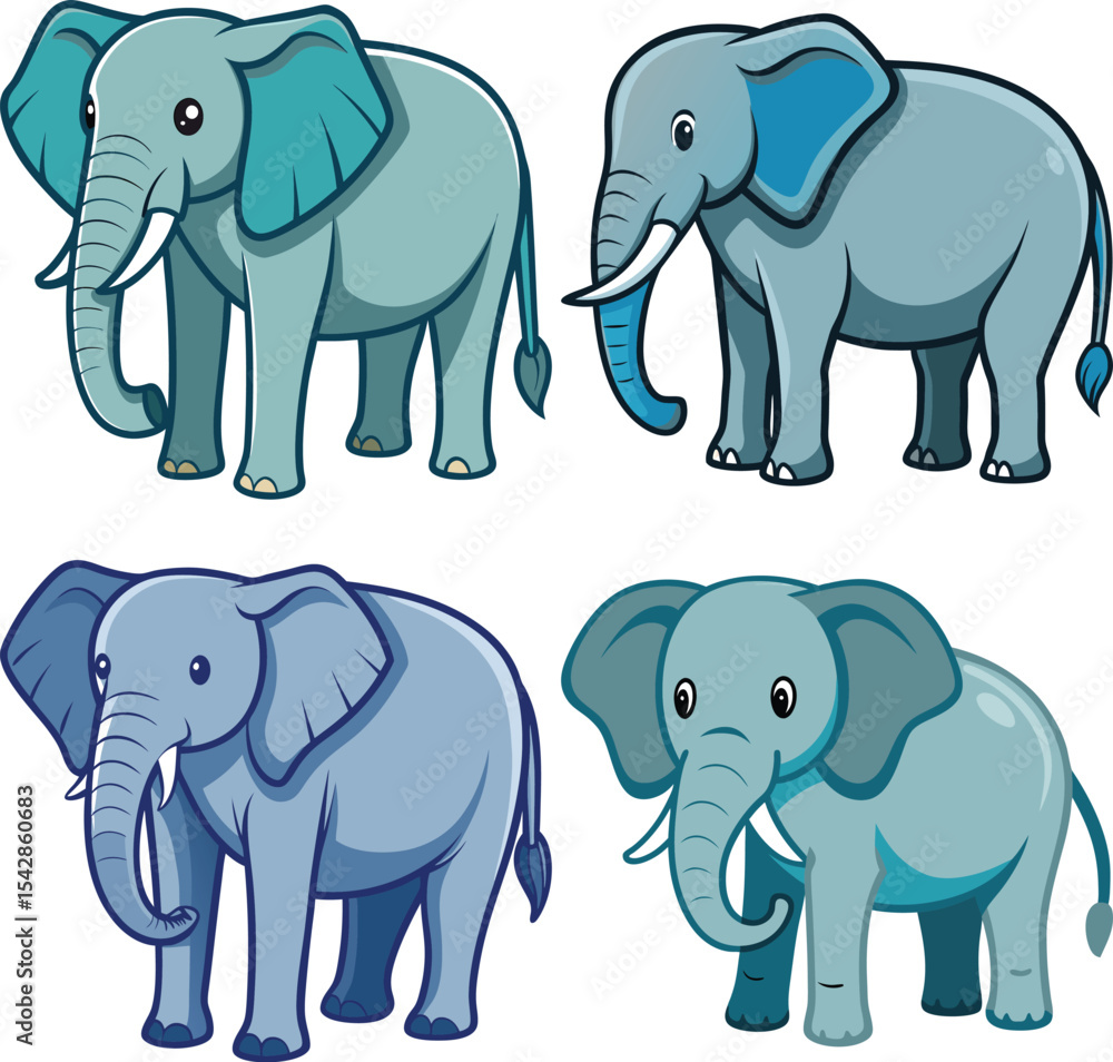 Fototapeta premium Four cute cartoon elephants illustration