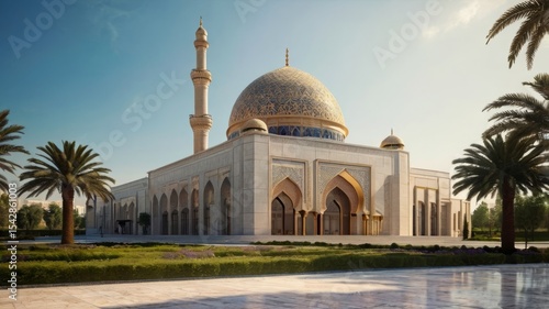 Modern Islamic architecture building, sunny day.