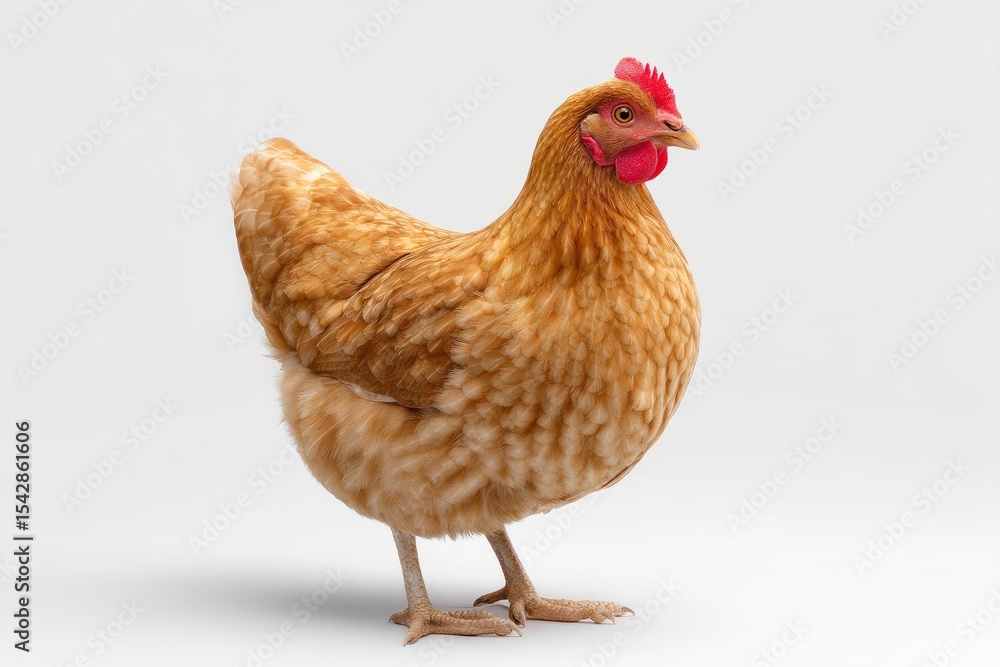 Fototapeta premium A hen defined by reddishbrown feathers standing against a stark white background and casting a soft shadow