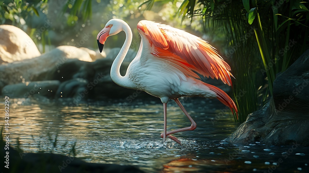 Fototapeta premium Flamingo resting under golden sunset canopy high resolution picture