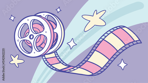 Cartoon film reel with pink and cream filmstrip and stars on a light purple and blue background design