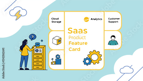 Illustration of a woman near a filing cabinet with a saas product feature card and cloud storage icons