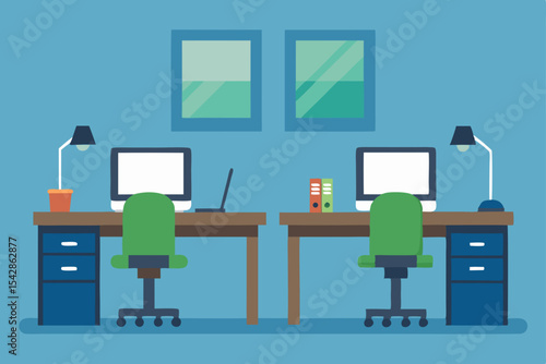 Vector illustration of a contemporary office computer room interior with desks, chairs, and technology like monitors, laptops, and keyboards