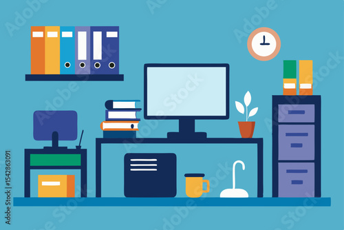 Organized Workspace Modern Office Desk Setup with Efficient Storage Solutions
