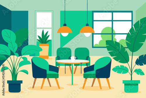 Modern Green Interior Design Stylish Living Room with Lush Plants and Natural Light