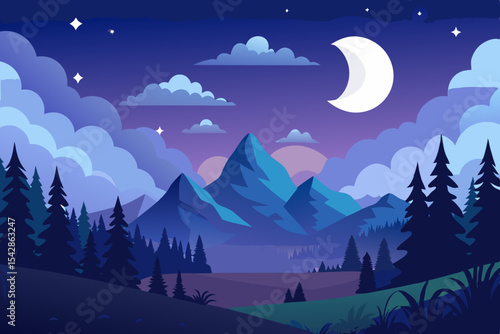 Serene Night Landscape Mountainscape Design featuring a crescent moon stars and a forest ideal for branding or logo design
