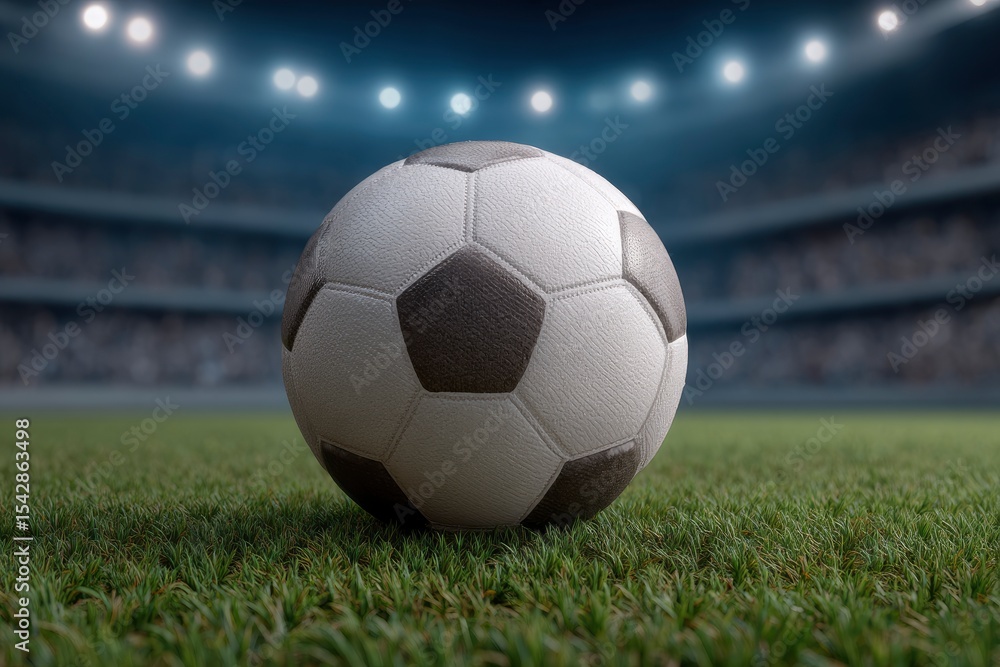 Fototapeta premium A soccer ball rests on green grass in a stadium under bright lights
