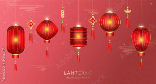 Chinese lanterns collection featuring elegant red lanterns, golden ornaments and festive tassels on a classic wave pattern background. Perfect for Lunar New Year or traditional cultural designs.