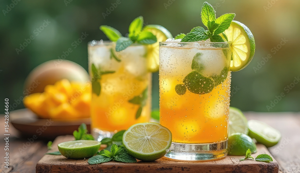 Fototapeta premium Refreshing Mango Lime Mojito Cocktails on a Rustic Wooden Board