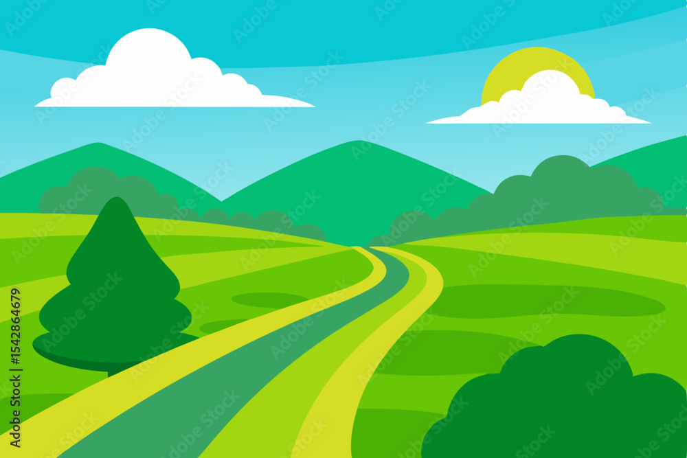Fototapeta premium Serene Countryside Landscape Winding Road Through Lush Green Hills and Meadows