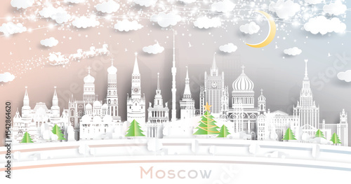 Moscow. Russia. Winter city skyline in paper cut style with snowflakes, moon and neon garland. Christmas and new year. Santa Claus on sleigh. Moscow cityscape with landmarks.