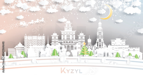 Kyzyl. Russia. Winter city skyline in paper cut style with snowflakes, moon and neon garland. Christmas and new year. Santa Claus on sleigh. Kyzyl cityscape with landmarks.