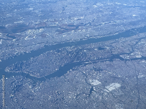 Aerial view of Manhattan, New York, a major city on the East Coast of the United States.Panoramic view of Manhattan below.
