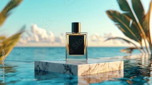 realistic mockup of minimal matte perfume bottle on a floating marble stone over calm sea water, golden sky reflected softly on the slab