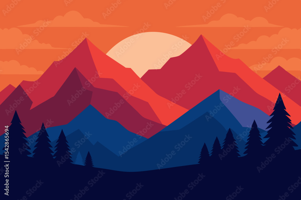Naklejka premium Majestic Sunset Mountain Landscape A Vibrant View of Nature's Serenity