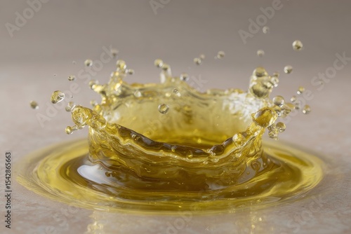 A yellow liquid forms a crownlike splash with droplets suspended midair atop a shallow puddle of the same liquid
