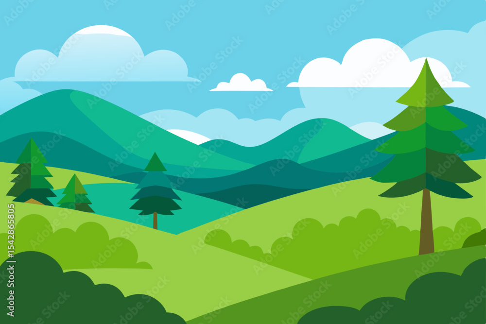 Obraz premium Serene Mountain Landscape Green Hills, Evergreen Trees, and a Tranquil Lake