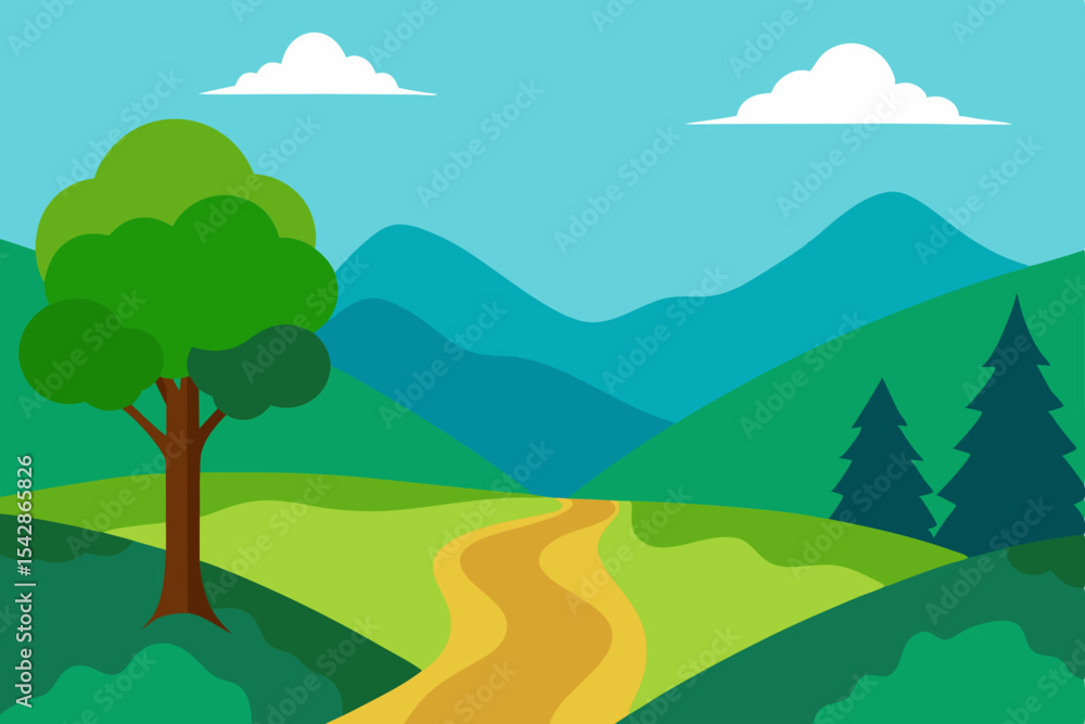 Obraz premium Serene Mountain Landscape A Winding Path Through Lush Green Hills
