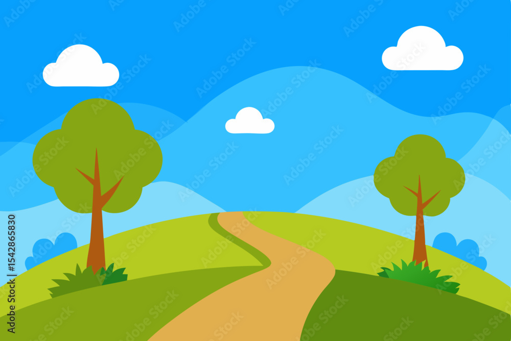 Fototapeta premium Serene Winding Path Through Lush Green Hills A Picturesque Landscape Illustration