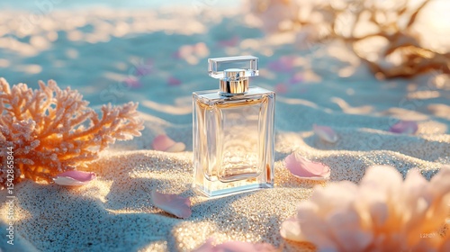 realistic composition of a pale lilac matte perfume bottle on fine beach sand, accented by soft pink flower petals and coral, dreamy lighting with bold diagonal shadows