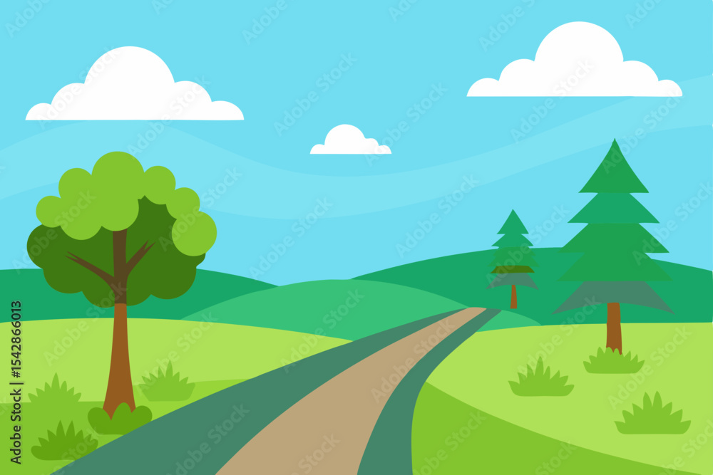 Fototapeta premium Serene Countryside Road A Picturesque Summer Landscape Illustration