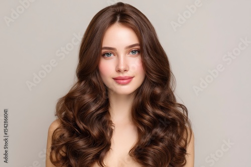 A young woman with blue eyes light skin and long wavy brown hair smiles at the viewer against a light grey backdrop