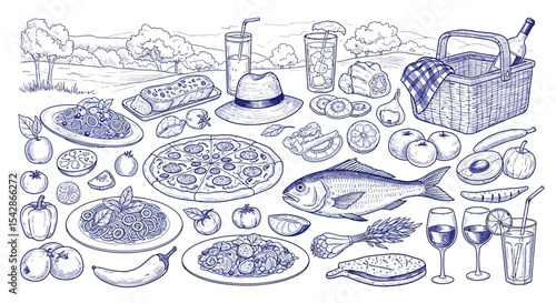 Detailed Hand-Drawn Picnic Scene with Food, Drinks, and Basket in Nature