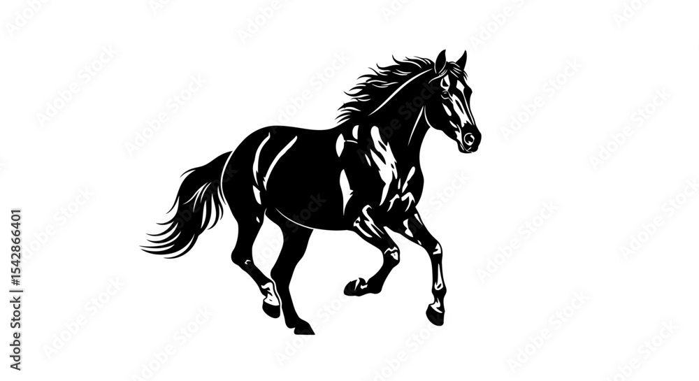 Obraz premium Black and White Running Horse Silhouette, Detailed Design